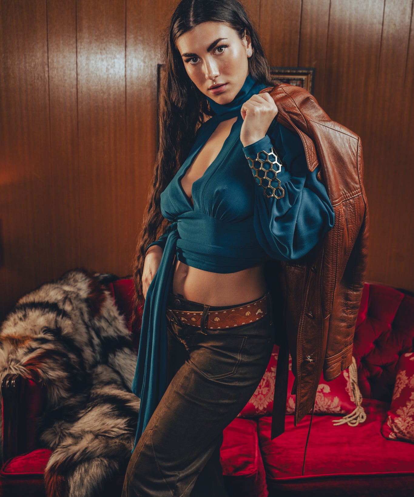 Soul Sister since 1969- Mary Gold Peek backless peek boo blouse teal with wrap detail, turtle neck, and long tulip sleeves, a sophisticated and sexy 70's inspired statement piece