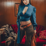Soul Sister since 1969- Mary Gold Peek backless peek boo blouse teal with wrap detail, turtle neck, and long tulip sleeves, a sophisticated and sexy 70's inspired statement piece