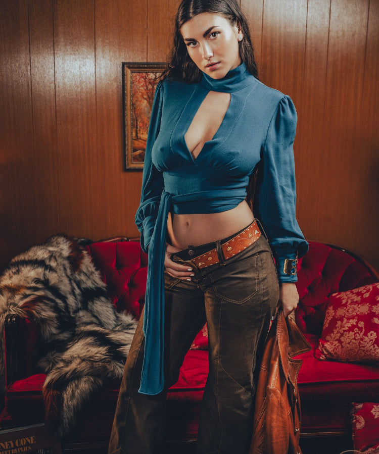 Soul Sister since 1969- Mary Gold Peek a boo blouse teal