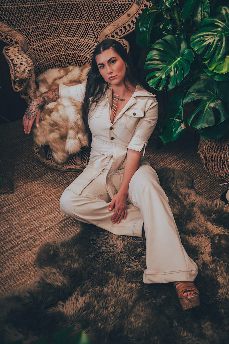 Stretch corduroy cream Diva jumpsuit with dramatic bell bottoms  designed for chic, sexy retro 70's inspired  silhouette