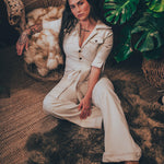 Stretch corduroy cream Diva jumpsuit with dramatic bell bottoms  designed for chic, sexy retro 70's inspired  silhouette