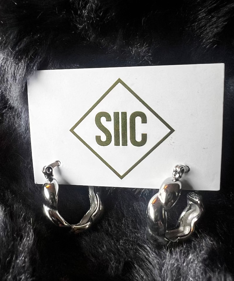 Pair of gold antler-shaped earrings on a card with 'SIIC' logo against a dark fur background