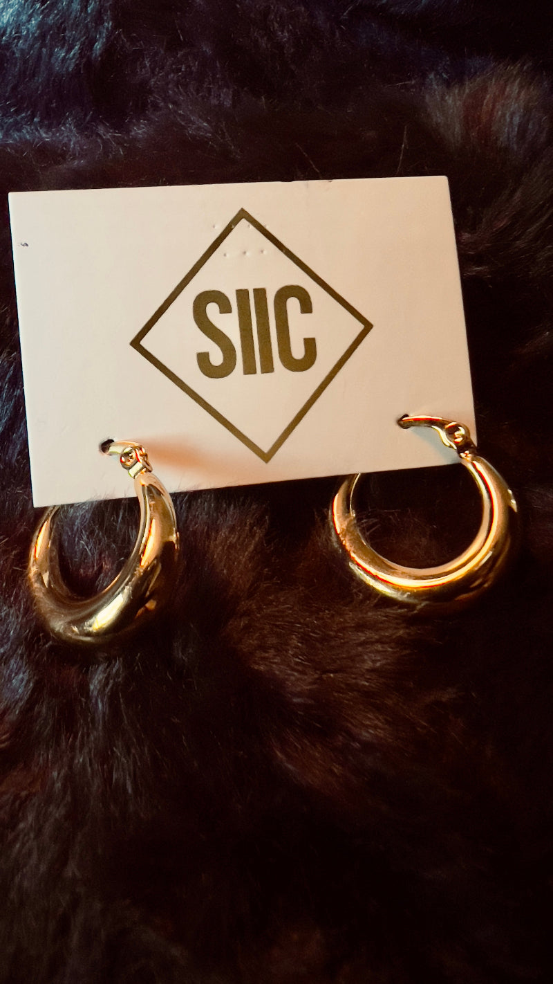 Gold hoop earrings on a card with 'SIIC' branding against a dark fur background