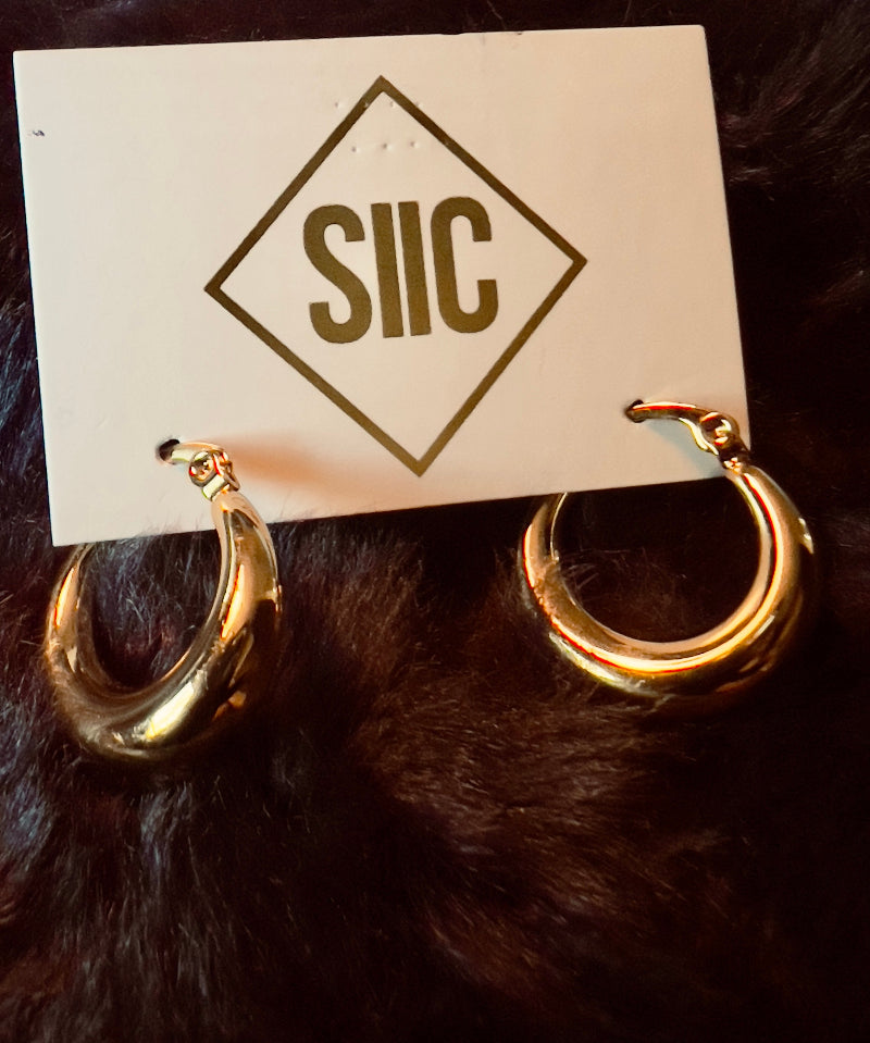 Gold hoop earrings on a card with 'SIIC' branding against a dark fur background