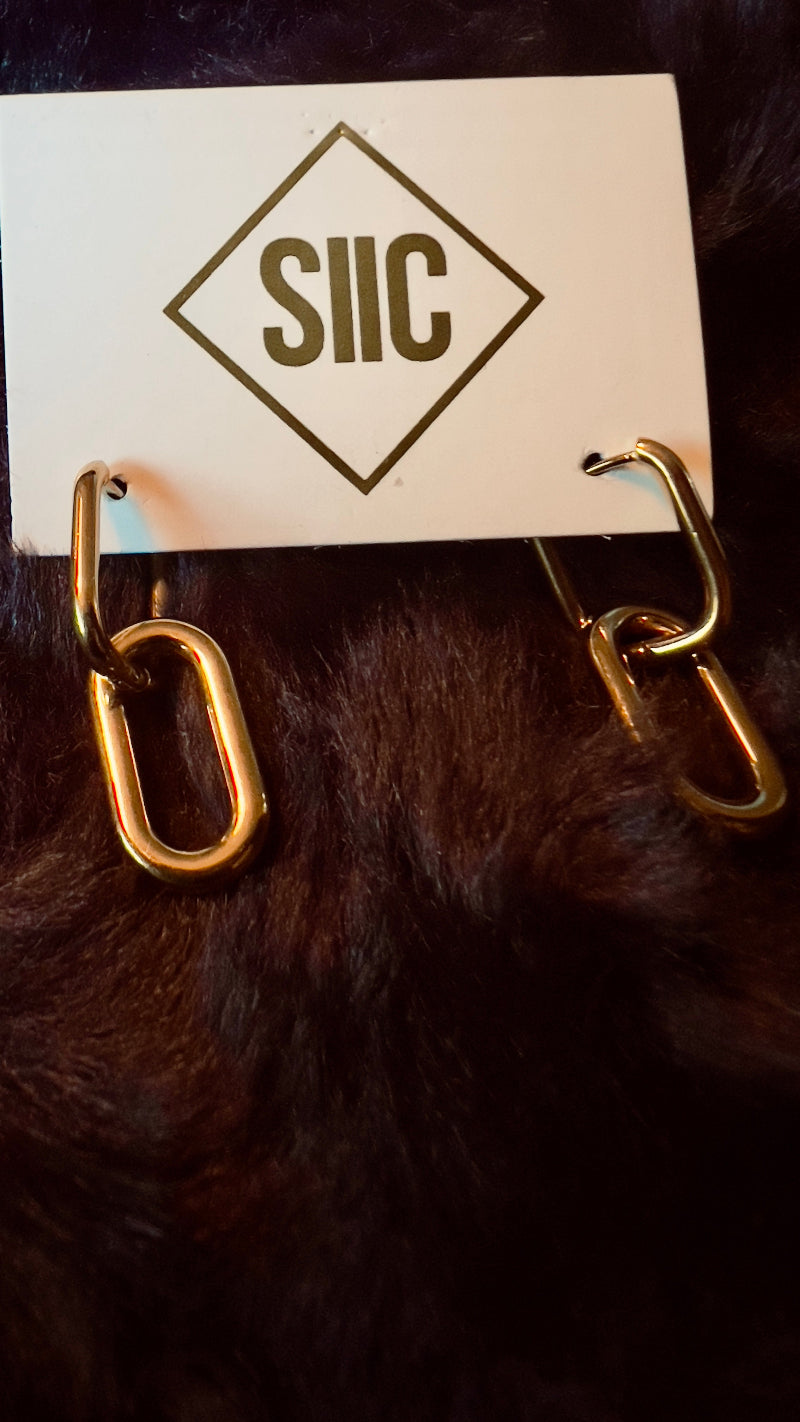 Gold chain-link earrings on a card with 'SIIC' branding against a dark background