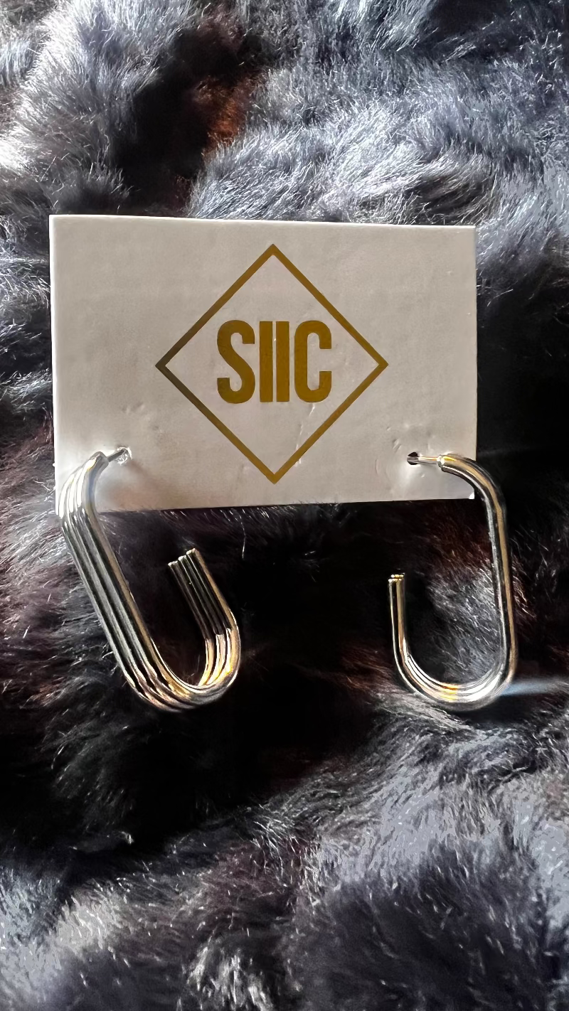 Silver earring on a card with 'SUC' logo against a fur background