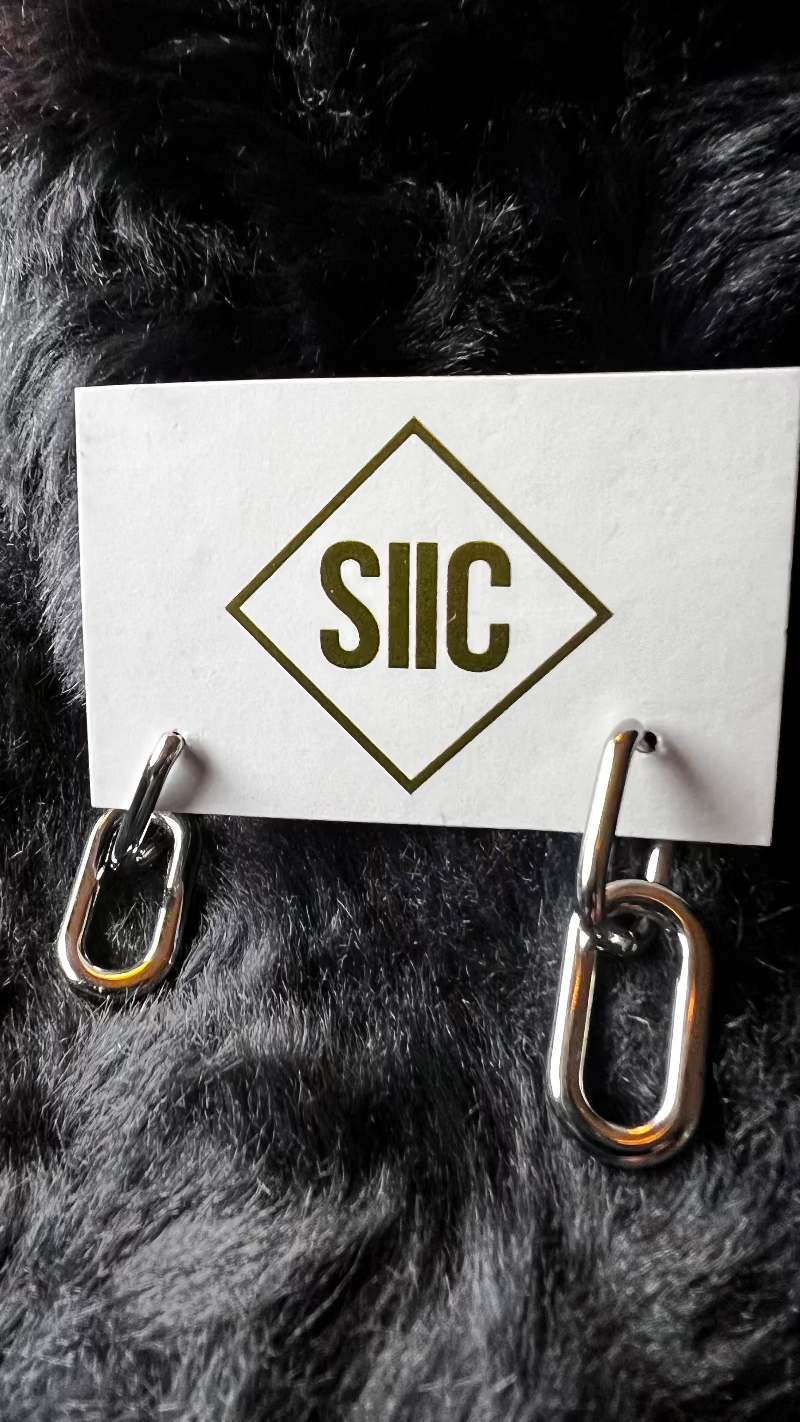 Pair of silver chain earrings on a fur surface with a 'SIIC' card.