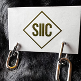 Pair of silver chain earrings on a fur surface with a 'SIIC' card.