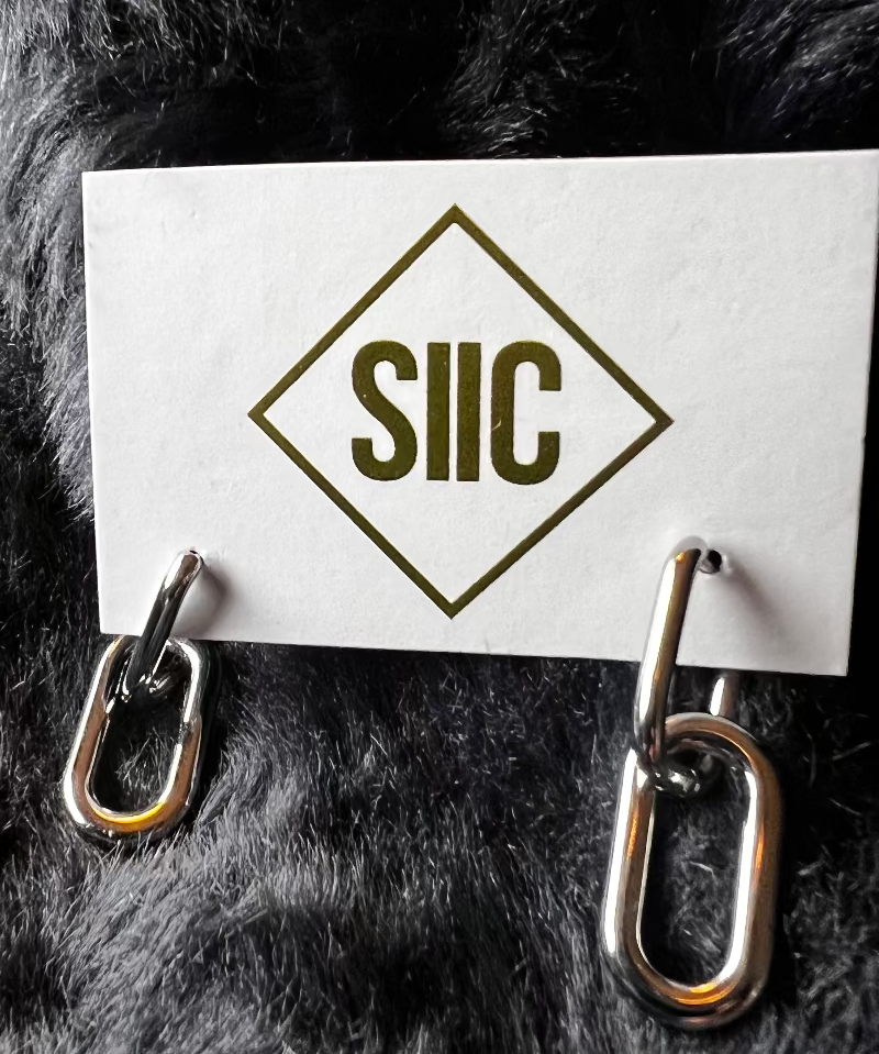 Pair of silver chain earrings on a fur surface with a 'SIIC' card.