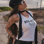 Woman wearing a 'Ride or Die' tank top in an outdoor setting wearing Soul Sister since 1969.