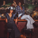 a plunging neckline  with an oversized collar Two-Tone Denim  70s style Jumpsuit  by Soul Sister since 1969