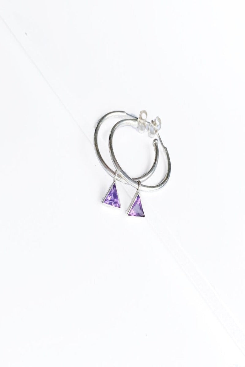 Amethyst Crystal Triangle Silver hoop earrings